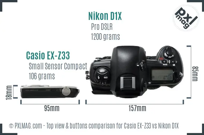 Casio EX-Z33 vs Nikon D1X top view buttons comparison