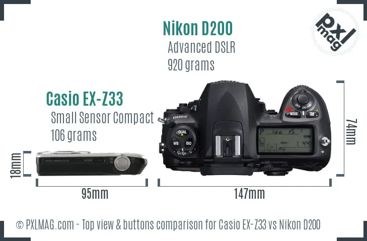 Casio EX-Z33 vs Nikon D200 top view buttons comparison