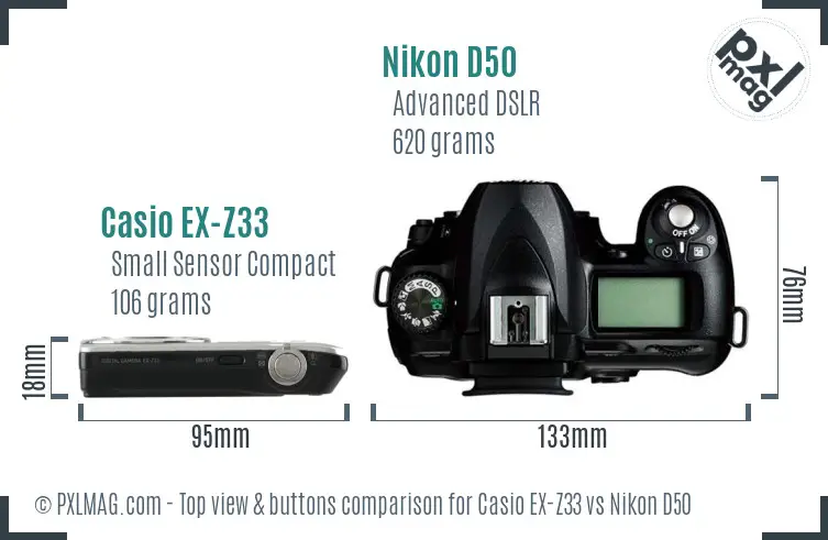 Casio EX-Z33 vs Nikon D50 top view buttons comparison