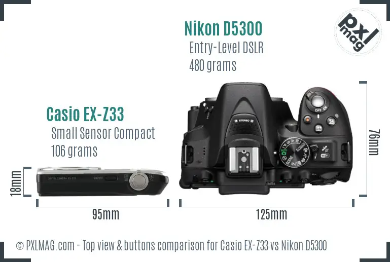 Casio EX-Z33 vs Nikon D5300 top view buttons comparison