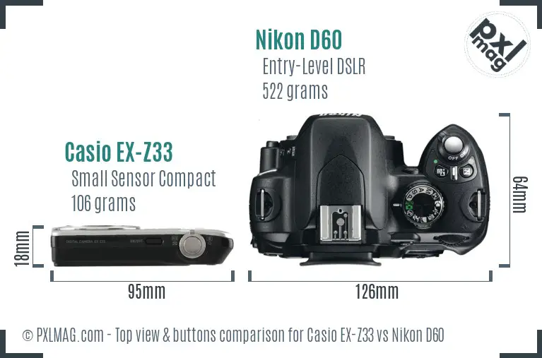 Casio EX-Z33 vs Nikon D60 top view buttons comparison
