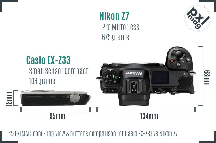 Casio EX-Z33 vs Nikon Z7 top view buttons comparison