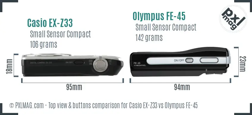 Casio EX-Z33 vs Olympus FE-45 top view buttons comparison