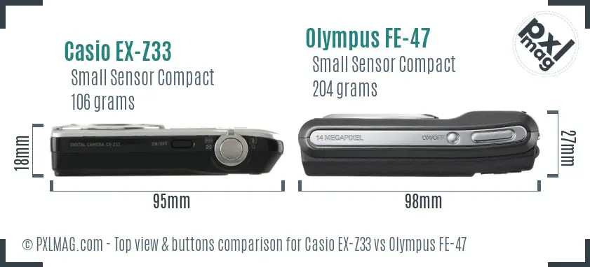 Casio EX-Z33 vs Olympus FE-47 top view buttons comparison Casio EX-Z33 vs Olympus FE-47 top view buttons comparison
