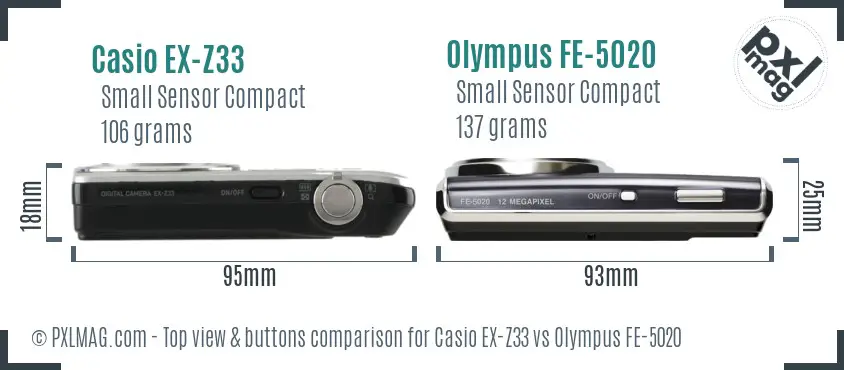 Casio EX-Z33 vs Olympus FE-5020 top view buttons comparison Casio EX-Z33 vs Olympus FE-5020 top view buttons comparison