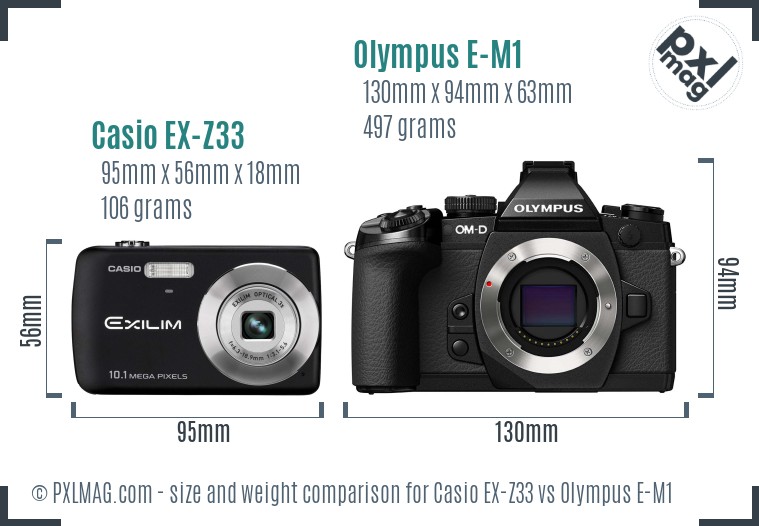 Casio EX-Z33 vs Olympus E-M1 size comparison Casio EX-Z33 vs Olympus E-M1 size comparison