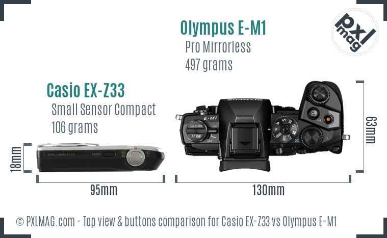 Casio EX-Z33 vs Olympus E-M1 top view buttons comparison