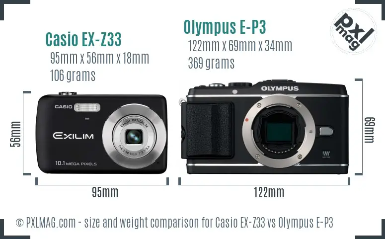 Casio EX-Z33 vs Olympus E-P3 size comparison