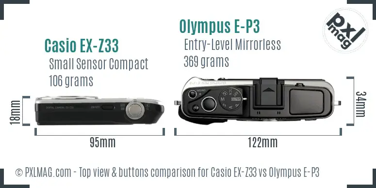 Casio EX-Z33 vs Olympus E-P3 top view buttons comparison