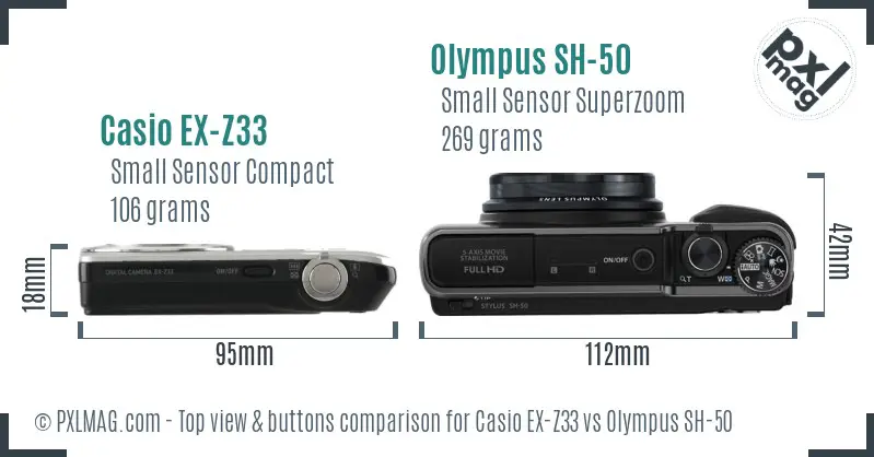 Casio EX-Z33 vs Olympus SH-50 top view buttons comparison Casio EX-Z33 vs Olympus SH-50 top view buttons comparison
