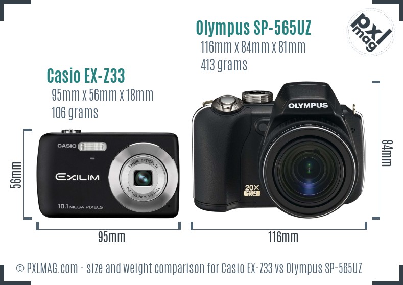 Casio EX-Z33 vs Olympus SP-565UZ size comparison Casio EX-Z33 vs Olympus SP-565UZ size comparison