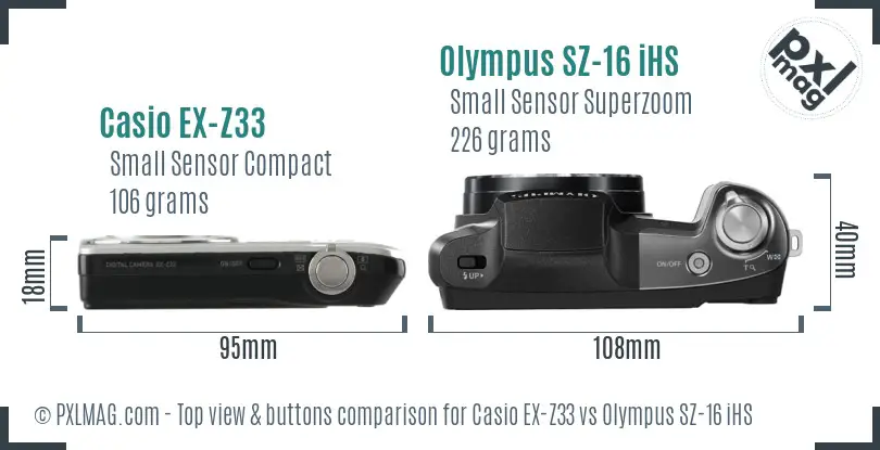 Casio EX-Z33 vs Olympus SZ-16 iHS top view buttons comparison Casio EX-Z33 vs Olympus SZ-16 iHS top view buttons comparison
