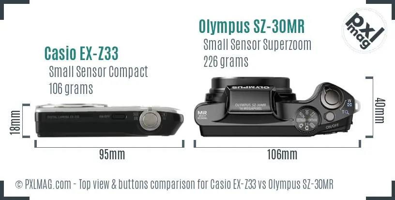 Casio EX-Z33 vs Olympus SZ-30MR top view buttons comparison