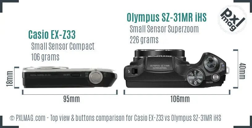 Casio EX-Z33 vs Olympus SZ-31MR iHS top view buttons comparison