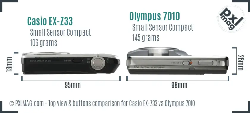 Casio EX-Z33 vs Olympus 7010 top view buttons comparison Casio EX-Z33 vs Olympus 7010 top view buttons comparison
