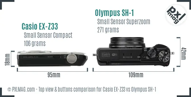 Casio EX-Z33 vs Olympus SH-1 top view buttons comparison