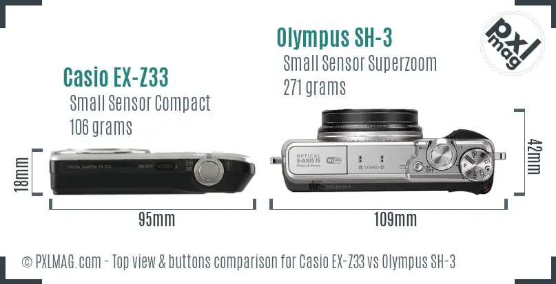 Casio EX-Z33 vs Olympus SH-3 top view buttons comparison