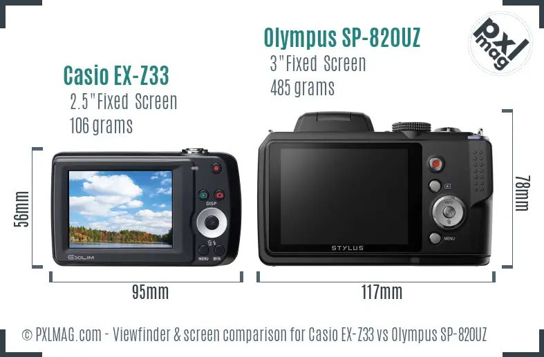 Casio EX-Z33 vs Olympus SP-820UZ Screen and Viewfinder comparison