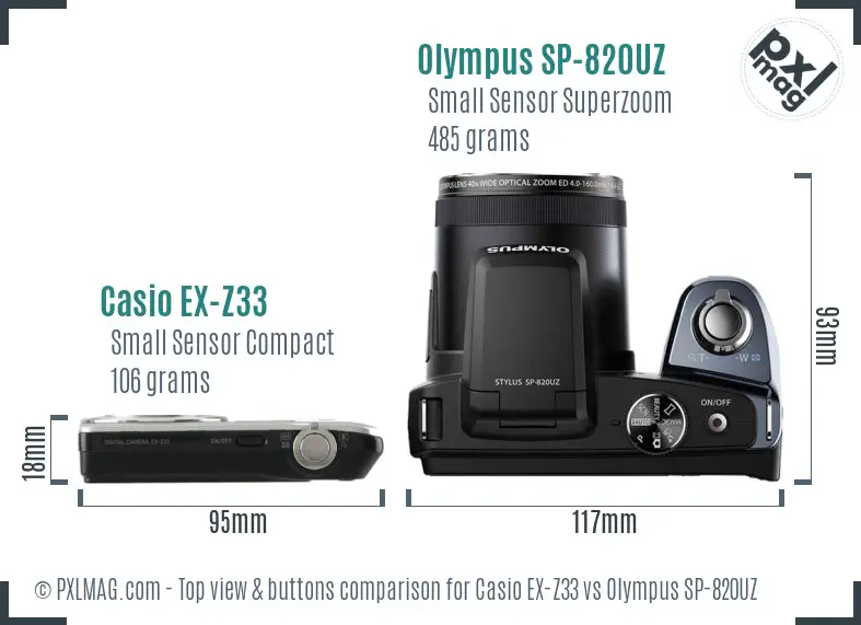 Casio EX-Z33 vs Olympus SP-820UZ top view buttons comparison