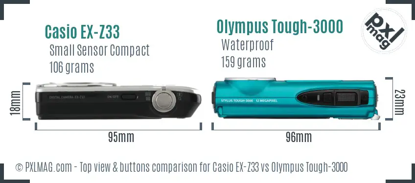 Casio EX-Z33 vs Olympus Tough-3000 top view buttons comparison