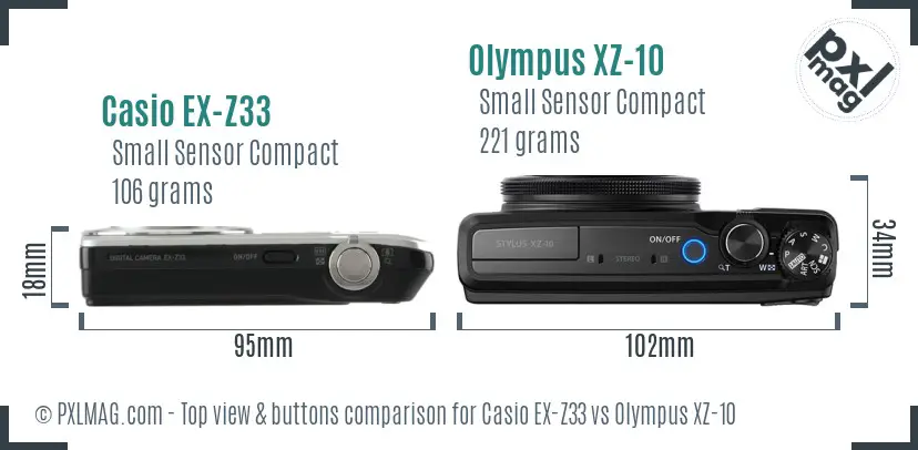 Casio EX-Z33 vs Olympus XZ-10 top view buttons comparison