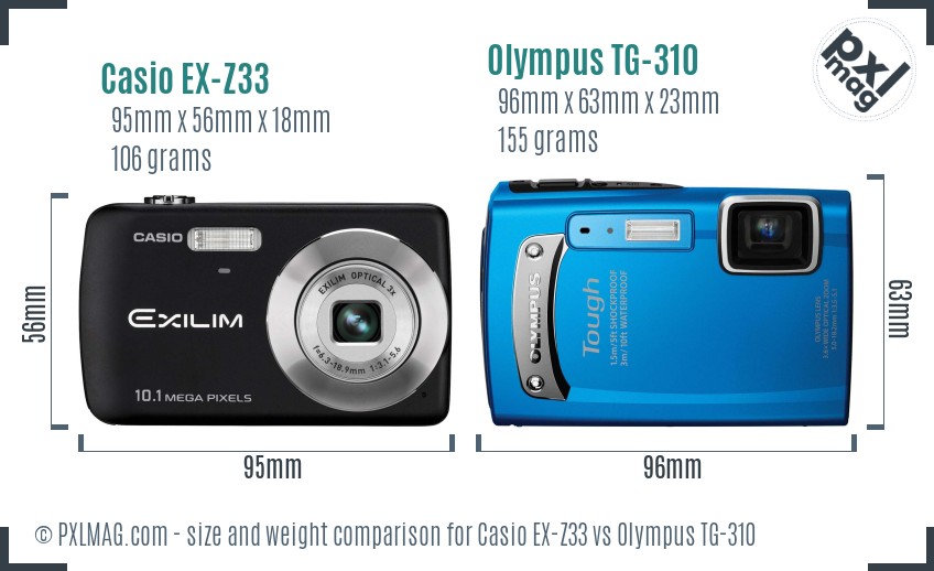 Casio EX-Z33 vs Olympus TG-310 size comparison Casio EX-Z33 vs Olympus TG-310 size comparison