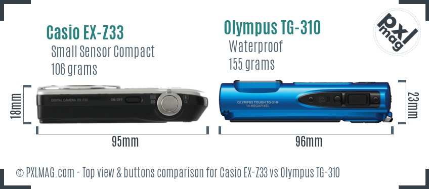 Casio EX-Z33 vs Olympus TG-310 top view buttons comparison