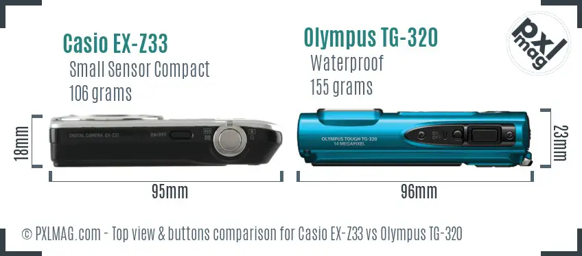 Casio EX-Z33 vs Olympus TG-320 top view buttons comparison