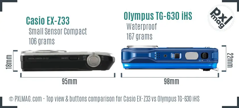Casio EX-Z33 vs Olympus TG-630 iHS top view buttons comparison