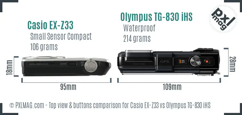 Casio EX-Z33 vs Olympus TG-830 iHS top view buttons comparison