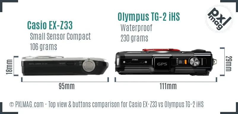 Casio EX-Z33 vs Olympus TG-2 iHS top view buttons comparison