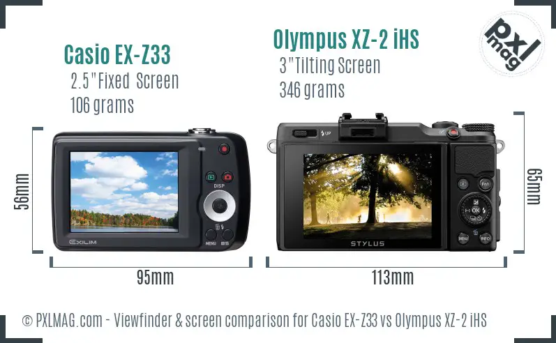Casio EX-Z33 vs Olympus XZ-2 iHS Screen and Viewfinder comparison
