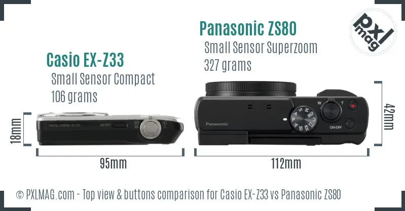 Casio EX-Z33 vs Panasonic ZS80 top view buttons comparison