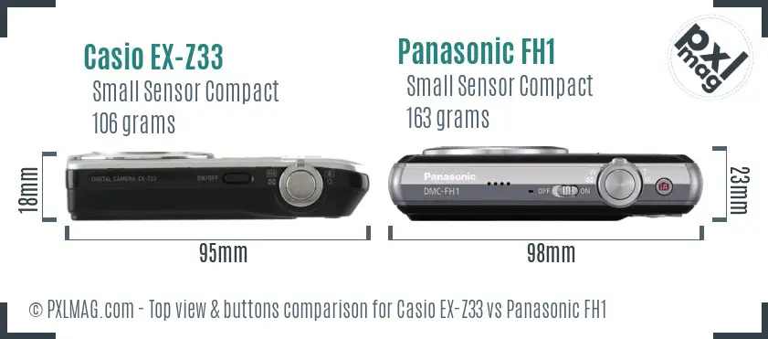 Casio EX-Z33 vs Panasonic FH1 top view buttons comparison Casio EX-Z33 vs Panasonic FH1 top view buttons comparison