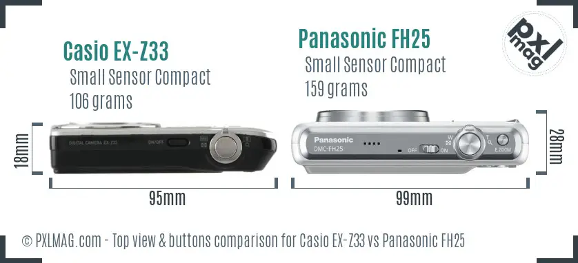 Casio EX-Z33 vs Panasonic FH25 top view buttons comparison Casio EX-Z33 vs Panasonic FH25 top view buttons comparison