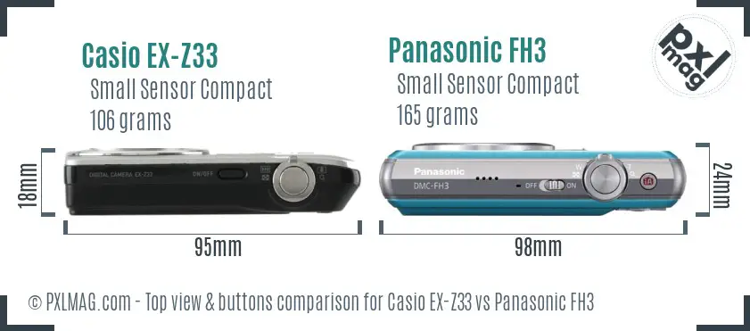 Casio EX-Z33 vs Panasonic FH3 top view buttons comparison Casio EX-Z33 vs Panasonic FH3 top view buttons comparison