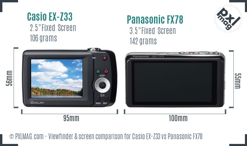 Casio EX-Z33 vs Panasonic FX78 Screen and Viewfinder comparison