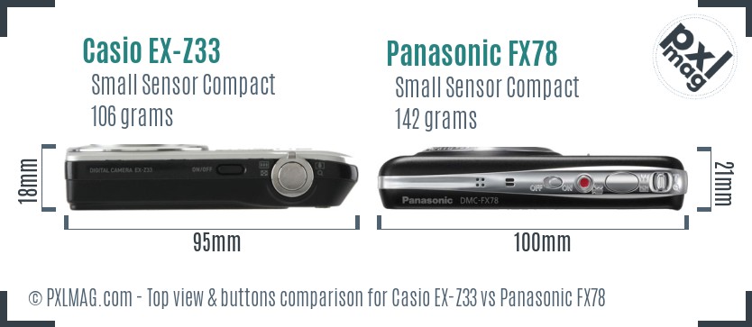 Casio EX-Z33 vs Panasonic FX78 top view buttons comparison