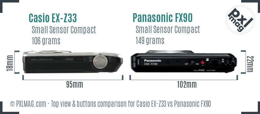 Casio EX-Z33 vs Panasonic FX90 top view buttons comparison