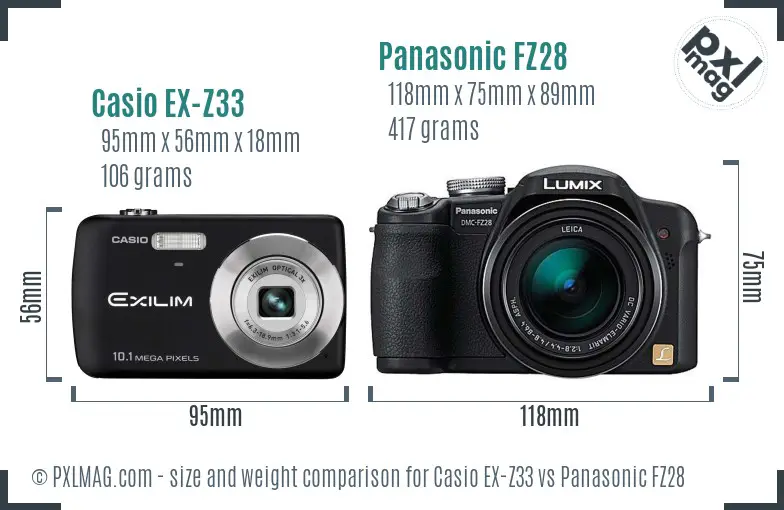 Casio EX-Z33 vs Panasonic FZ28 size comparison