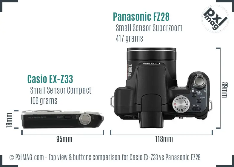 Casio EX-Z33 vs Panasonic FZ28 top view buttons comparison