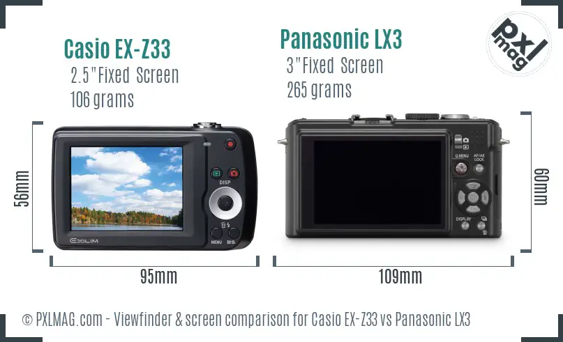 Casio EX-Z33 vs Panasonic LX3 Screen and Viewfinder comparison