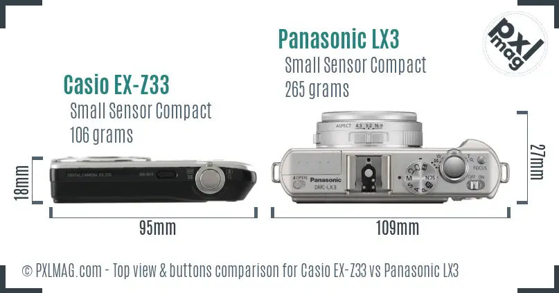 Casio EX-Z33 vs Panasonic LX3 top view buttons comparison