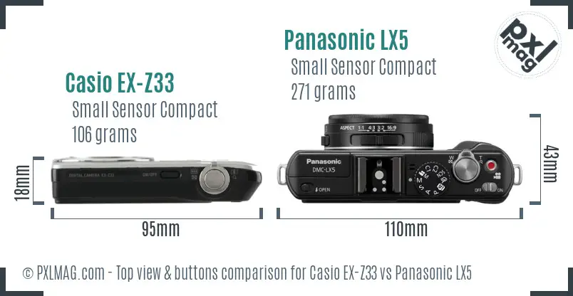 Casio EX-Z33 vs Panasonic LX5 top view buttons comparison Casio EX-Z33 vs Panasonic LX5 top view buttons comparison