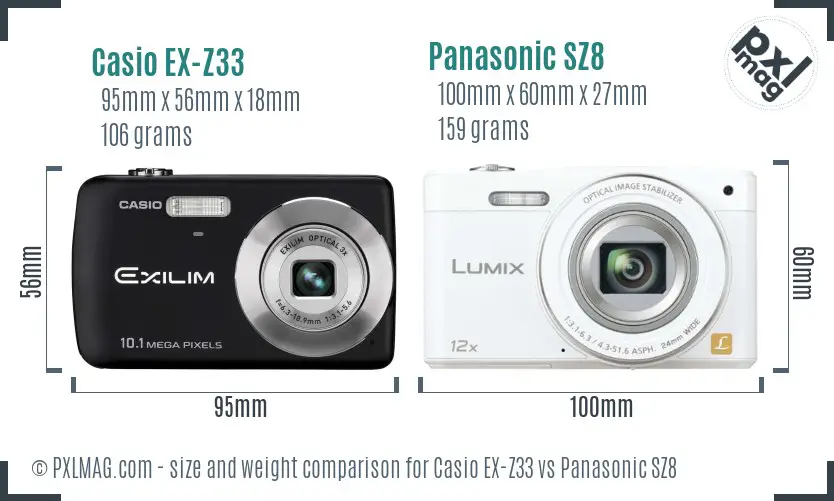 Casio EX-Z33 vs Panasonic SZ8 size comparison