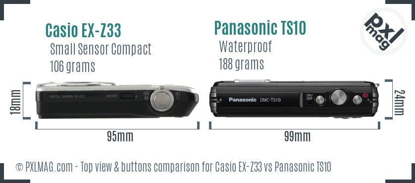 Casio EX-Z33 vs Panasonic TS10 top view buttons comparison
