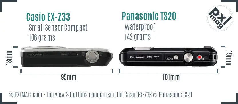 Casio EX-Z33 vs Panasonic TS20 top view buttons comparison