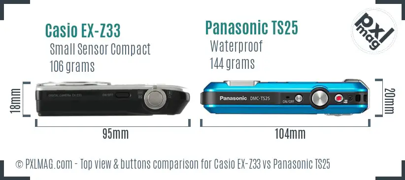 Casio EX-Z33 vs Panasonic TS25 top view buttons comparison