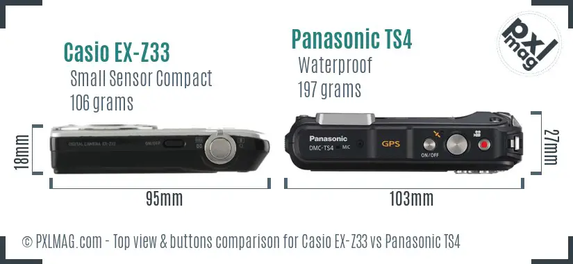 Casio EX-Z33 vs Panasonic TS4 top view buttons comparison Casio EX-Z33 vs Panasonic TS4 top view buttons comparison