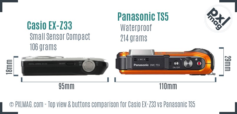 Casio EX-Z33 vs Panasonic TS5 top view buttons comparison